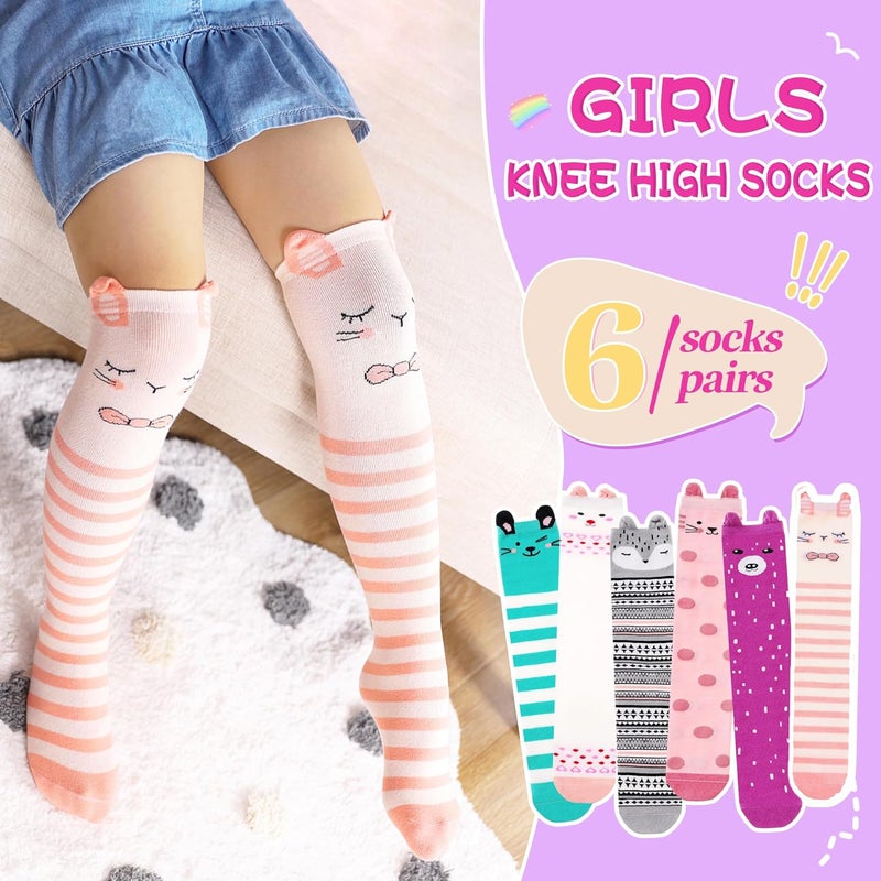 Eocom Girls Knee High Socks Kids Crazy Fun Gift Silly Tall Boot Cute Animal Cotton Long Socks 6 Pairs - Image 2